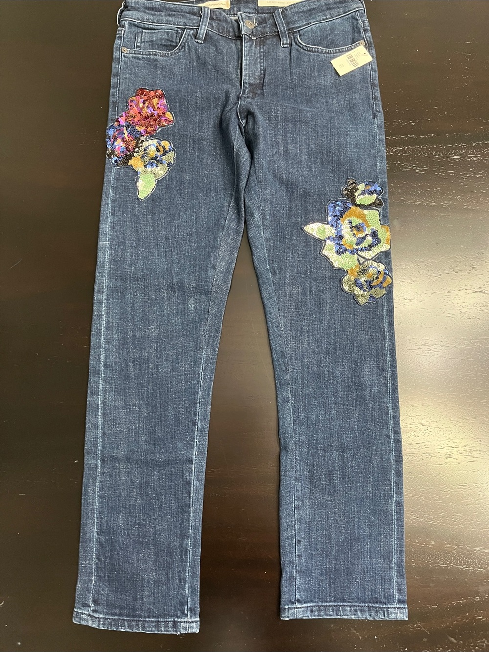 Anthropologie Dark Blue Jeans with Multicolor Sequin Floral Appliqués